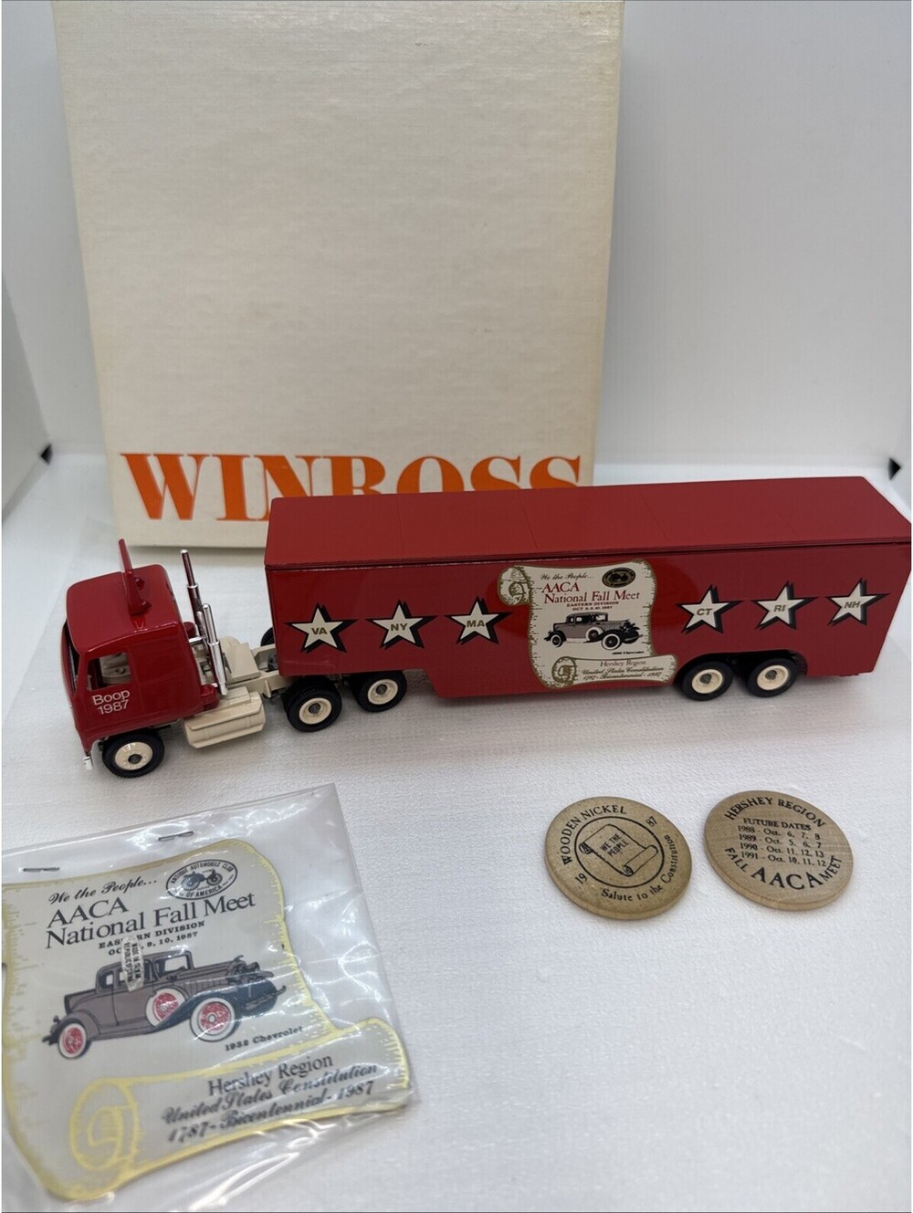 Hershey Boop 1987 Red Truck National Fall Meet W/Plaque AACA & 2 Wooden Nickels